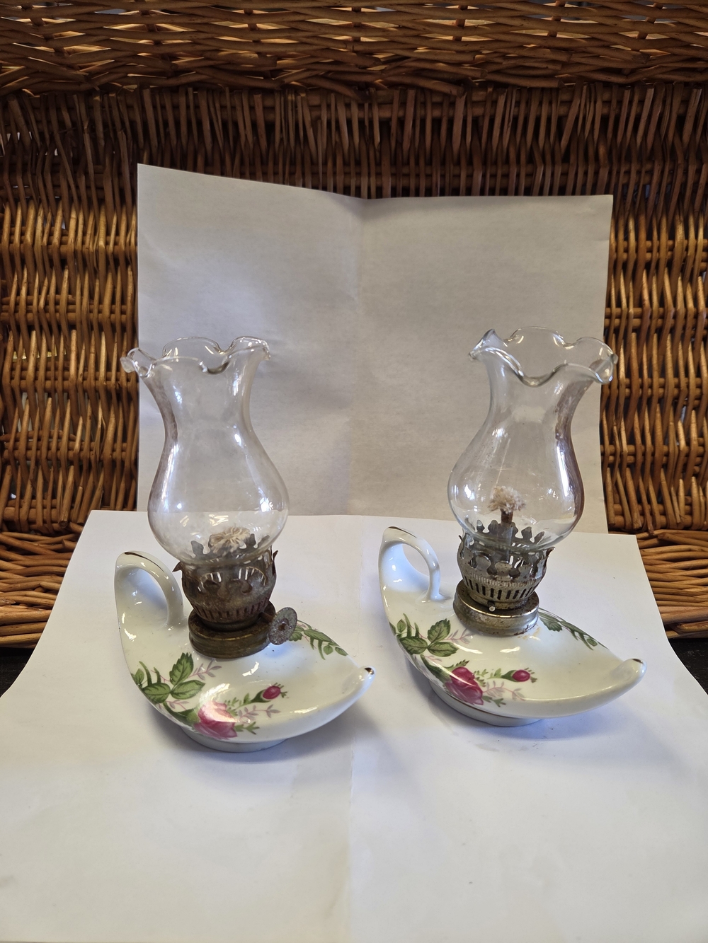 VINTAGE MINI PORCELAIN "MOSS ROSE" GENIE STYLE OIL LAMPS